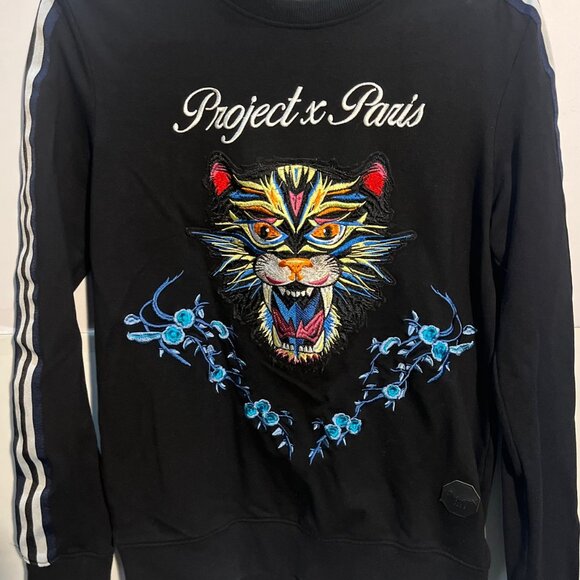 Project X Paris Tiger Embroidered Sweatshirt Black Striped Sleeves Men’s M - Picture 5 of 6